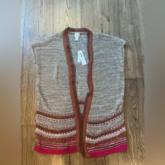 Chico's Color Pop Pattern Cardigan Sweater Tan Pink Metallic Size 1 NWT - Picture 2 of 7